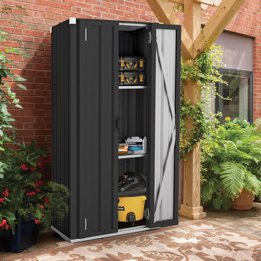AECOJOY Outdoor Storage Cabinet Waterproof with Adjustable Shelves, Lockable Metal Outdoor Garden Storage Sheds Organizer in Brown, Versatile for Garage, Backyard, or Indoor Use
