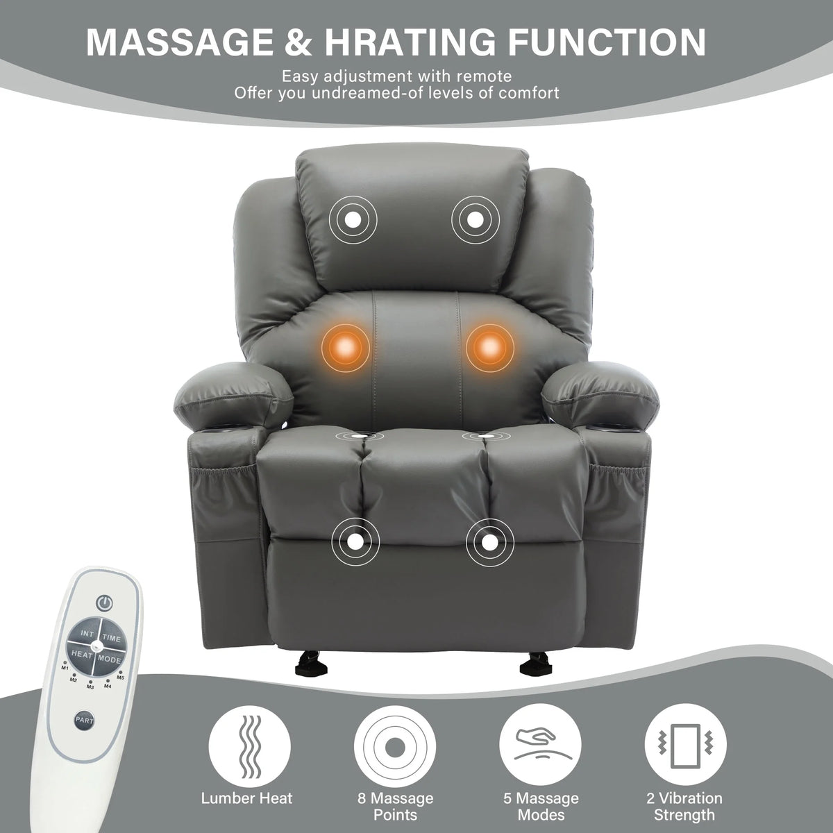 JONPONY Manual Recliner Chair with Heat Therapy and Massage Function, Heavy Duty Reclining Mechanism Massage Chair, Elderly Single Rocker Sofa with Cup Holders for Bedroom Home Theater,Black