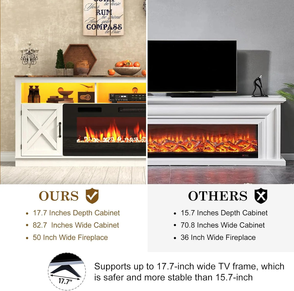 ChVans 70" Fireplace TV Stand for TVs up to 80" with 36" Electric Fireplace, Farmhouse Entertainment Center with LED, Wooden Media Console for Living Room, Bedroom