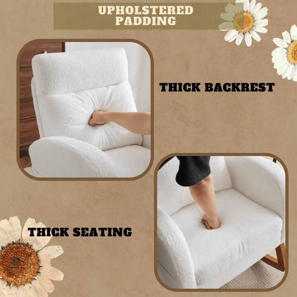 Hassch Upholstered Rocking Chair, Linen Fabric Glider Rocker with High Back, Accent Chair with Solid Wood Base, Reading Chair with Side Pocket for Living Room Bedroom Balcony, Gray