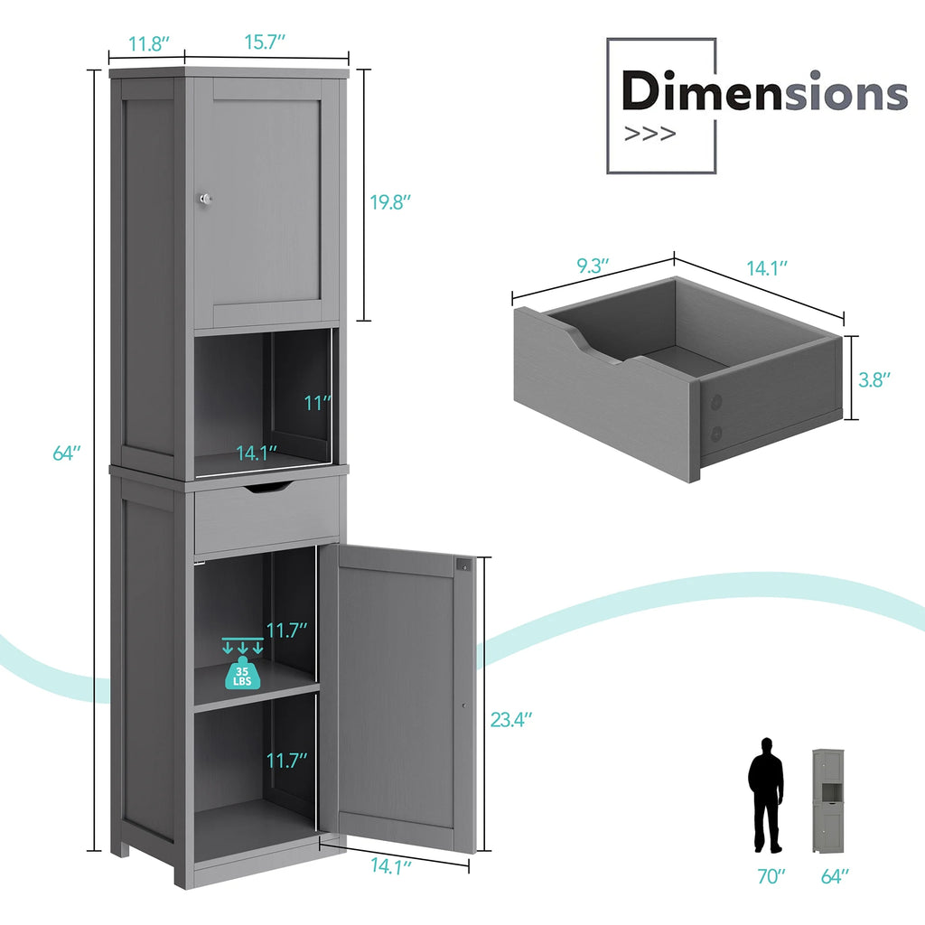 Walsunny Bathroom Storage Cabinet 64" Tall Wooden Kitchen Cupboard Pantry Cabinet with Doors Shelves Drawer Black