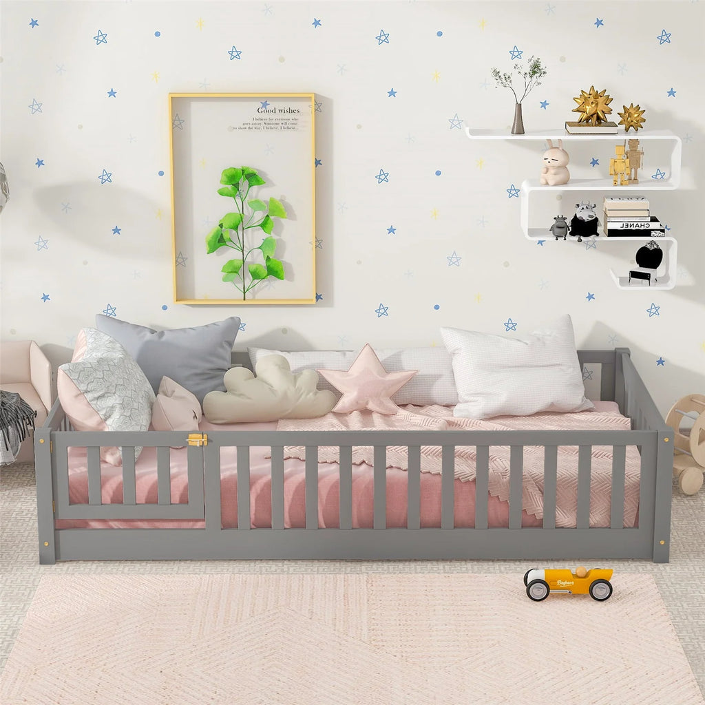 Twin Size Floor Bed Frame, Solid Wood Platform Bed Frame with Safety Fence & Small Door, Montessori Floor Bed with Slats Support for Boys Girls, No Box Spring Needed, Grey