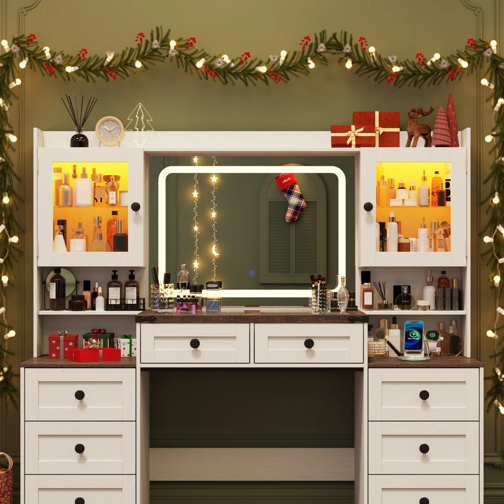 ANPOO 60" Farmhouse Vanity Desk with Outlet, Mirror Lights, Tempered Glass Top, Big Makeup Vanity Table with 2 RGB Glass Cabinets, 60000-color LED Lights, Wood Makeup Desk for Women, Girls, Brown