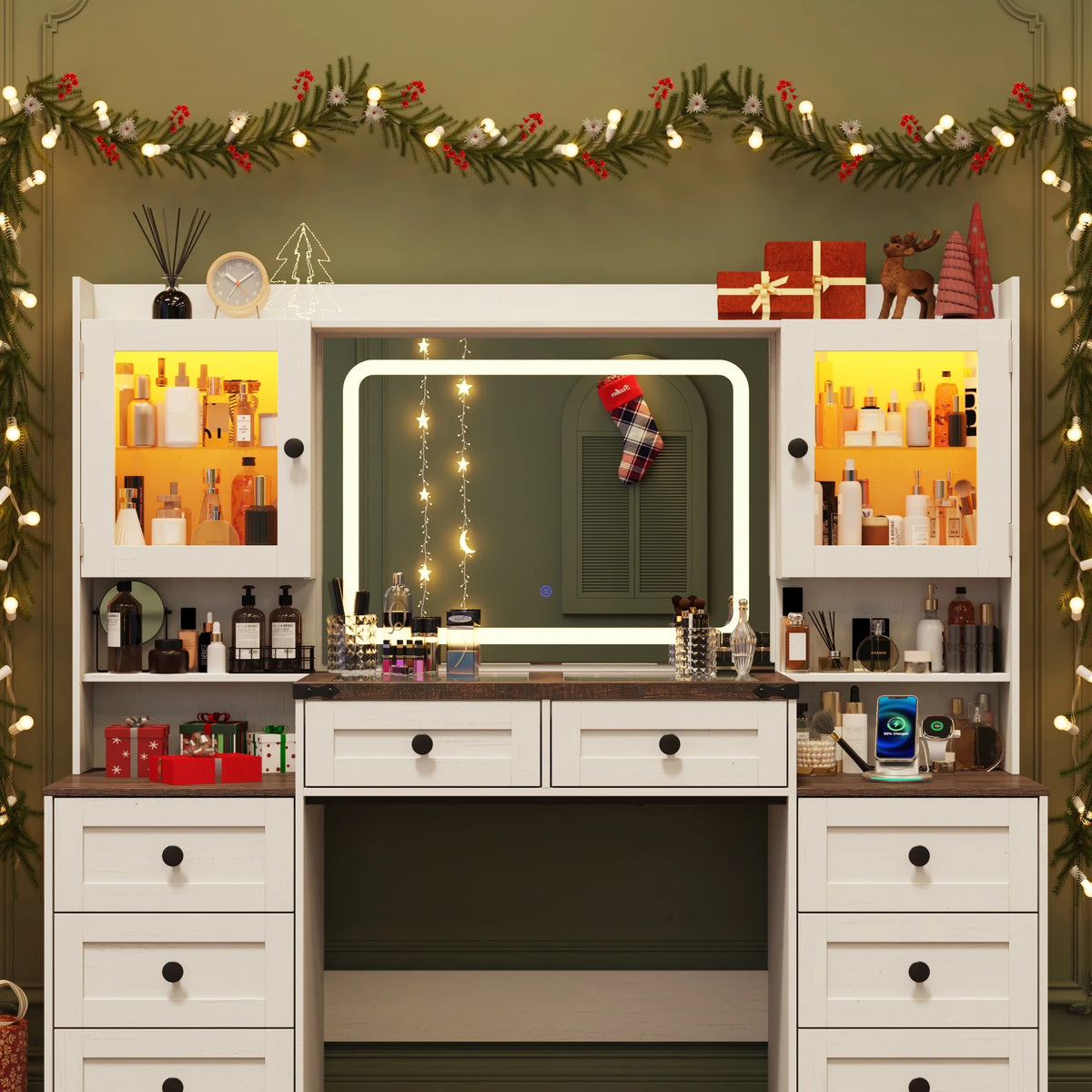 ANPOO 60" Farmhouse Vanity Desk with Outlet, Mirror Lights, Tempered Glass Top, Big Makeup Vanity Table with 2 RGB Glass Cabinets, 60000-color LED Lights, Wood Makeup Desk for Women, Girls, Brown
