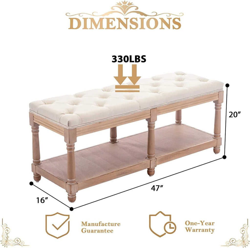 Bonzy Home Upholstered Tufted Storage Bench, 47”French Vintage Entryway Bench & Dining Bench, Fabric End of Bed Bench for Bedroom Living Room Hallway, Beige