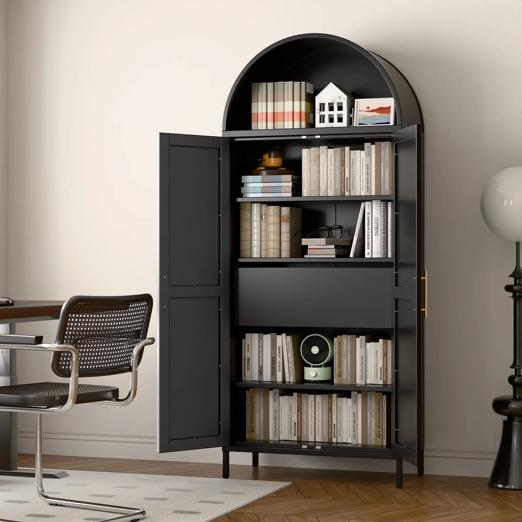 SUPEER Metal Arched Storage Display Cabinet with Glass Doors and Adjustable Shelves, Lockable Cabinet, Assembly Required, Black