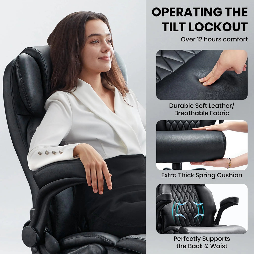 HomeZeer Executive Office Chair, Big and Tall Home Office Chairs 400lbs, High Back Executive Office Chair with Adjustable Flip up Arm, Wide Seat Leather Desk Computer Chairs, Black