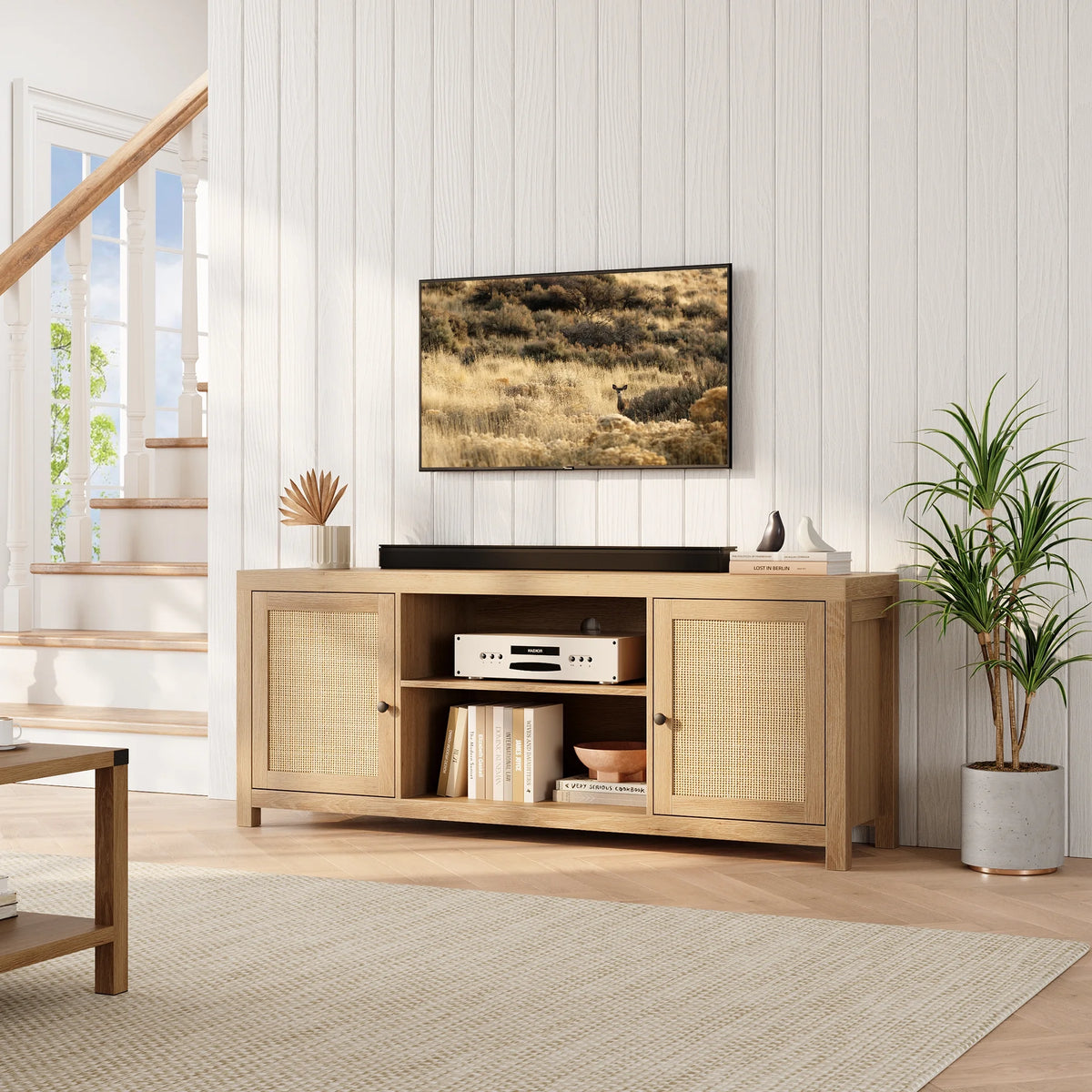 Rattan TV Stand for 65 Inch, Boho Entertainment Center with Storage and Doors, Wood TV & Media Console Under TV Cabinet Furniture for Living Room