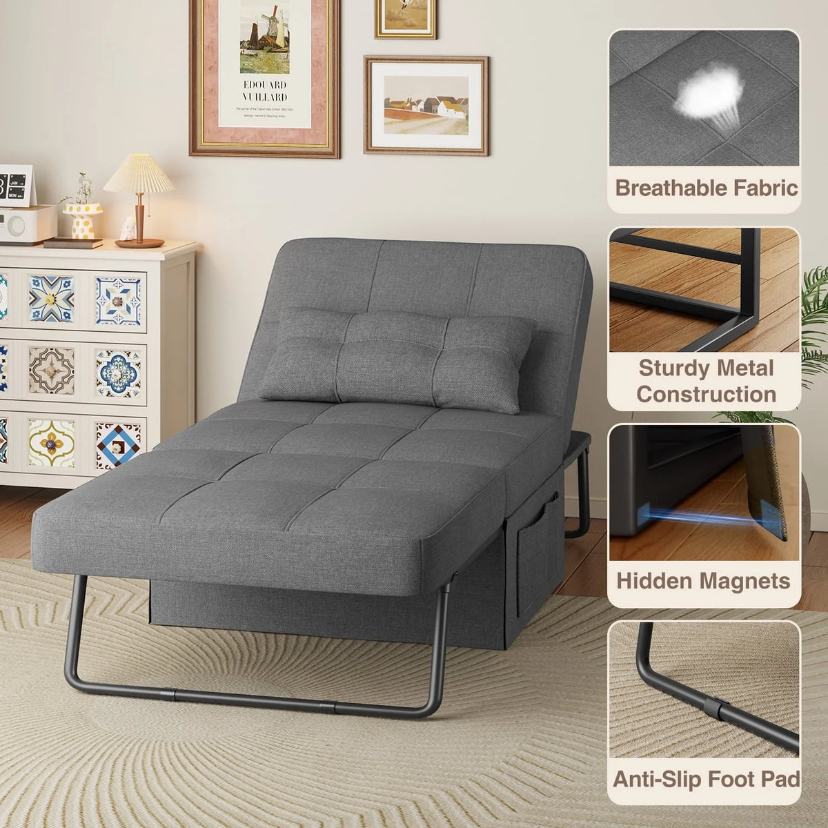 Chair Bed, Lofka Convertible Recliner Single Sofa Bed, Free Installation, 730 lbs, Dark Gray