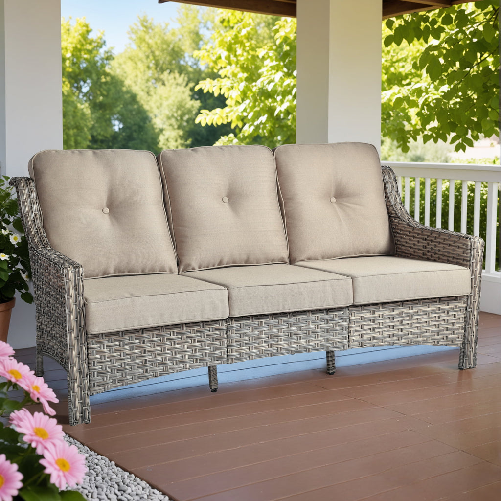 Ovios Outdoor Patio Sofa 3-Seater with Cushions All-Weather Wicker Rattan Couch for Garden, Porch, or Backyard