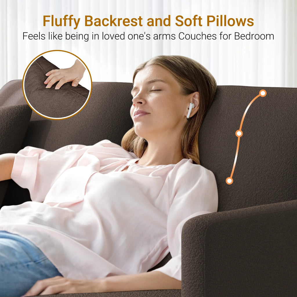 Loveseat Sofa,65" Comfy Teddy Fleece Love Seat Couch,Neche Extra Deep Seats Sofas,Tool-Free Setup Couch with 2 Pillows for Living Room,Coffee Brown