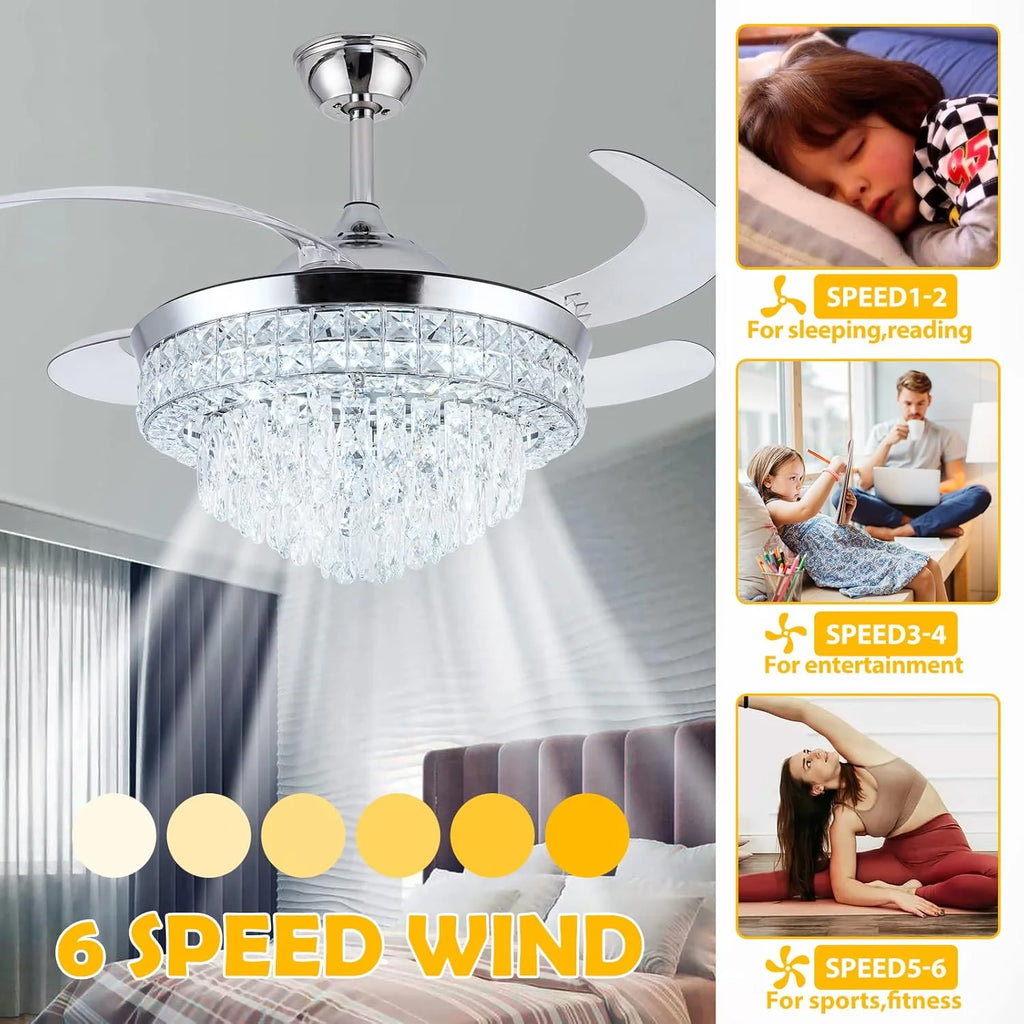 Datingday 42 Inch Crystal Ceiling Fan Golden Crystal Ceiling Fan Chandelier with Remote 6 Speeds 3 Colors Changes Lighting Fixture, 4 Blades Retractable Fans for Bedroom Living Room Dining Room