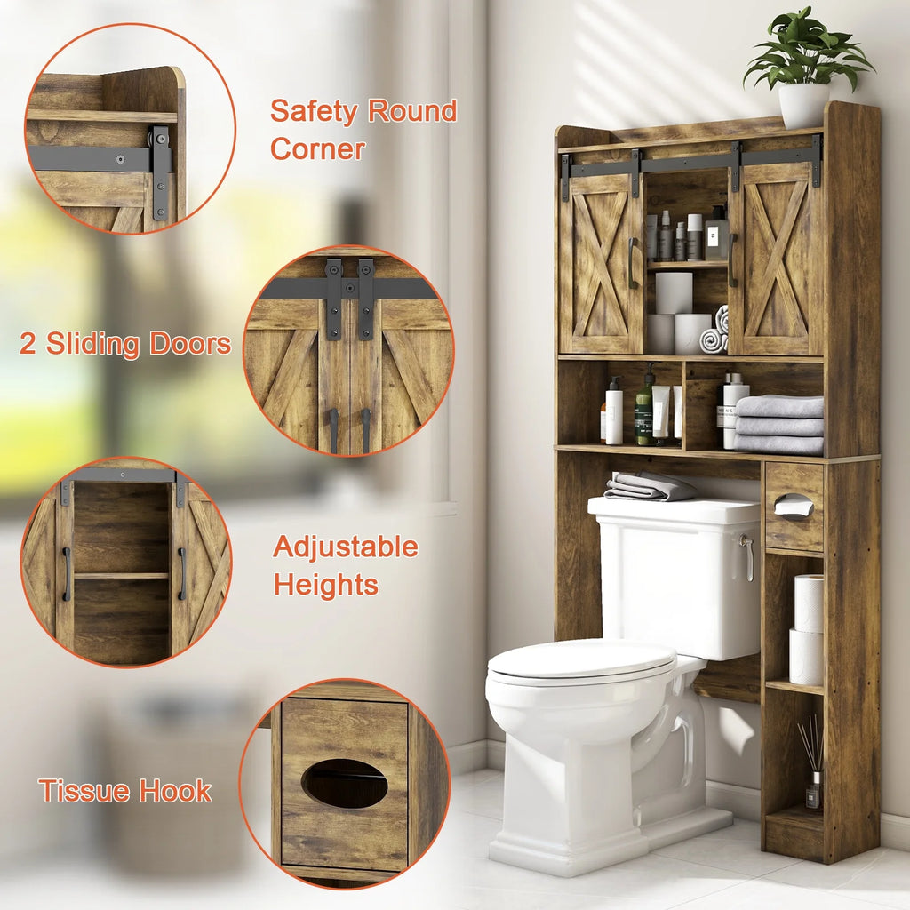 Over The Toilet Storage Cabinet, Farmhouse Storage Cabinet Over Toilet with Sliding Doors��Home Space-Saving Toilet Rack, for Bathroom, Restroom, Laundry