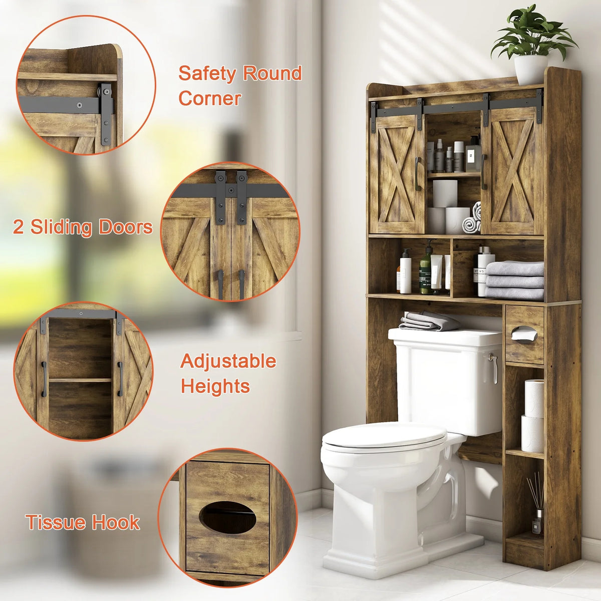 Over The Toilet Storage Cabinet, Farmhouse Storage Cabinet Over Toilet with Sliding Doors��Home Space-Saving Toilet Rack, for Bathroom, Restroom, Laundry