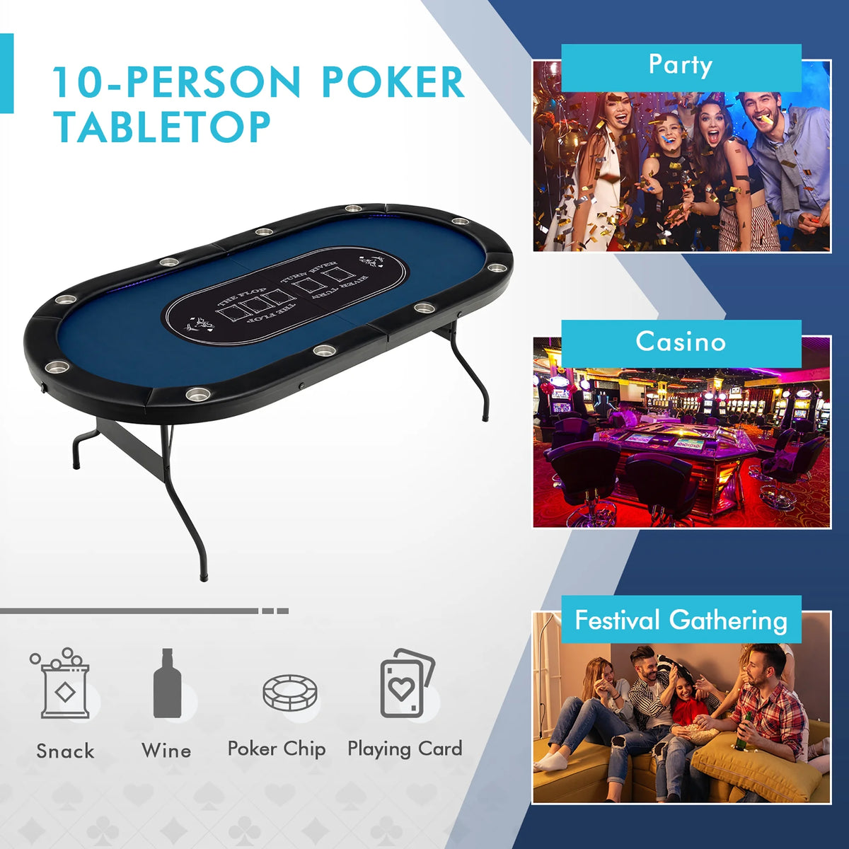 Costway Foldable, USB Ports, Led Lights 10 Player Poker Table, Blue/Black