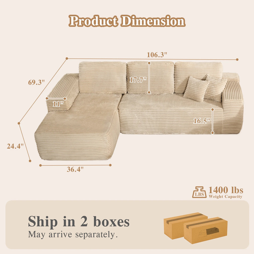 Ovios 106" L-Shaped Sectional Sofa Modern Modular Cloud Couch with Deep Seating Upholstered Sofa for Living Room Bedroom, No Assembly Required, Black(Corduroy)