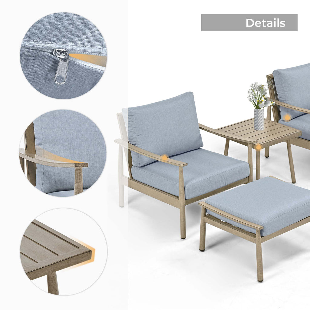 HAPPATIO Aluminum Outdoor Furniture Set - 5 Pieces Patio Furniture Set Includes 1 Side Table, 2 Swivel Chairs and 2 Ottomans with Thick Cushion, Patio Conversation Set for Backyard Poolside (Grey)
