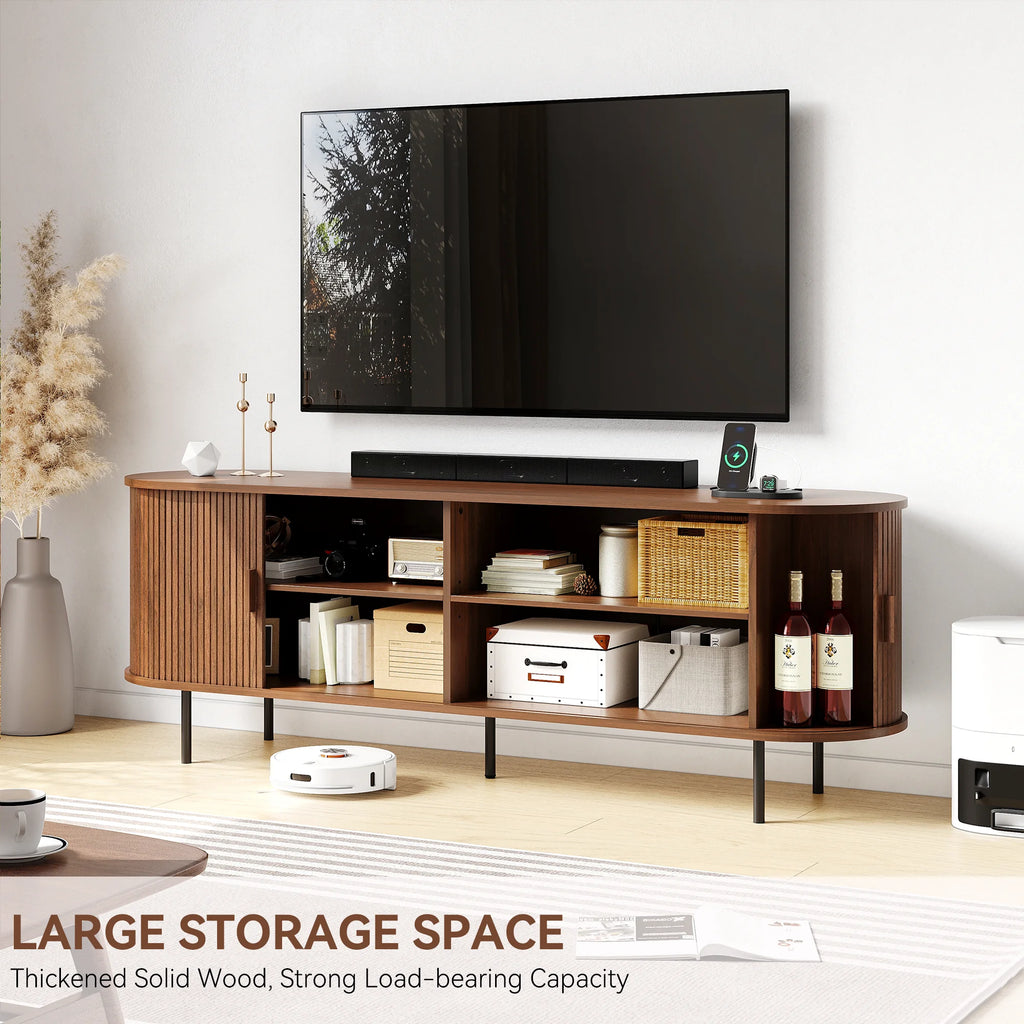 MARNUR 63" TV Stand for 70" TV, Wood Entertainment Center with Storage and Shelves, 2 Sliding Tambour Doors, Mid-Century Modern, Walnut