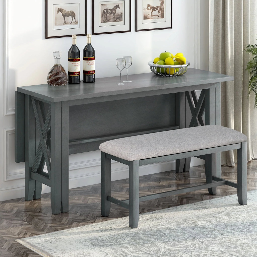 HANSHE Dining Table Set for 6, Farmhouse Dining Table Set with Foldable Table, Bench & 4 Chairs, Kitchen Table Sets with Chairs, Dining Room Set for Home Apartment Dorm, Gray