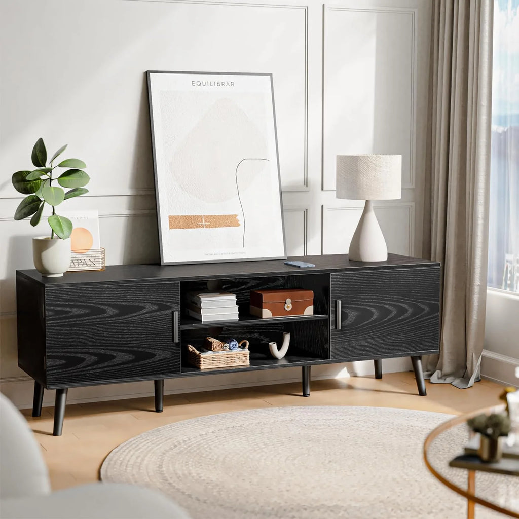 LL TV Stand for 55 Inch TV, Entertainment Center with Adjustable Shelf, 2 Cabinets, TV Console Table, Media Console, Solid Wood Feet, Cord Holes, for Living Room, Bedroom, White