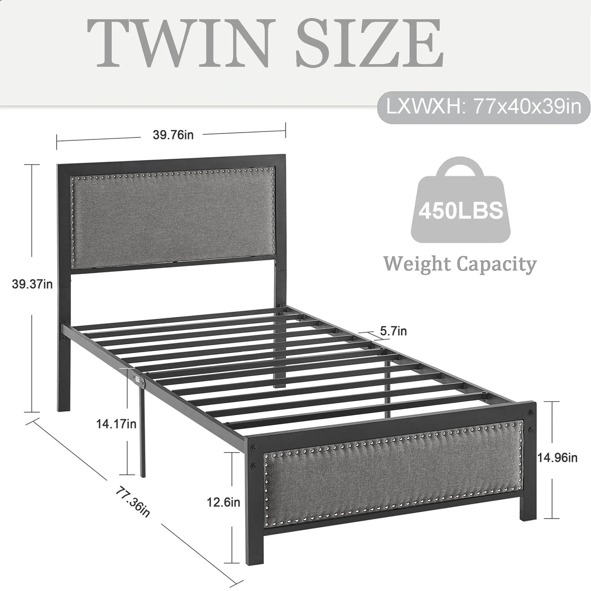 VECELO Queen Size Bed Frame Metal Platform Bed with Upholstered Headboard, No Box Spring Needed, Black