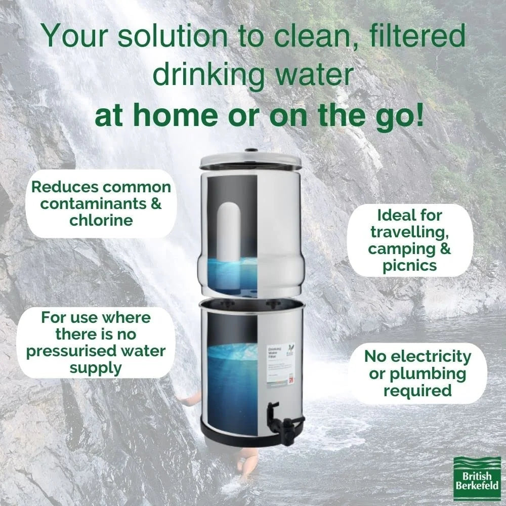 British Berkefeld Doulton Gravity Water Filter System 1 Liter Compact Portable Stainless Steel Water Filter System for Home with 1 Doulton NSF certified Ceramic Ultra Sterasyl Cartridge