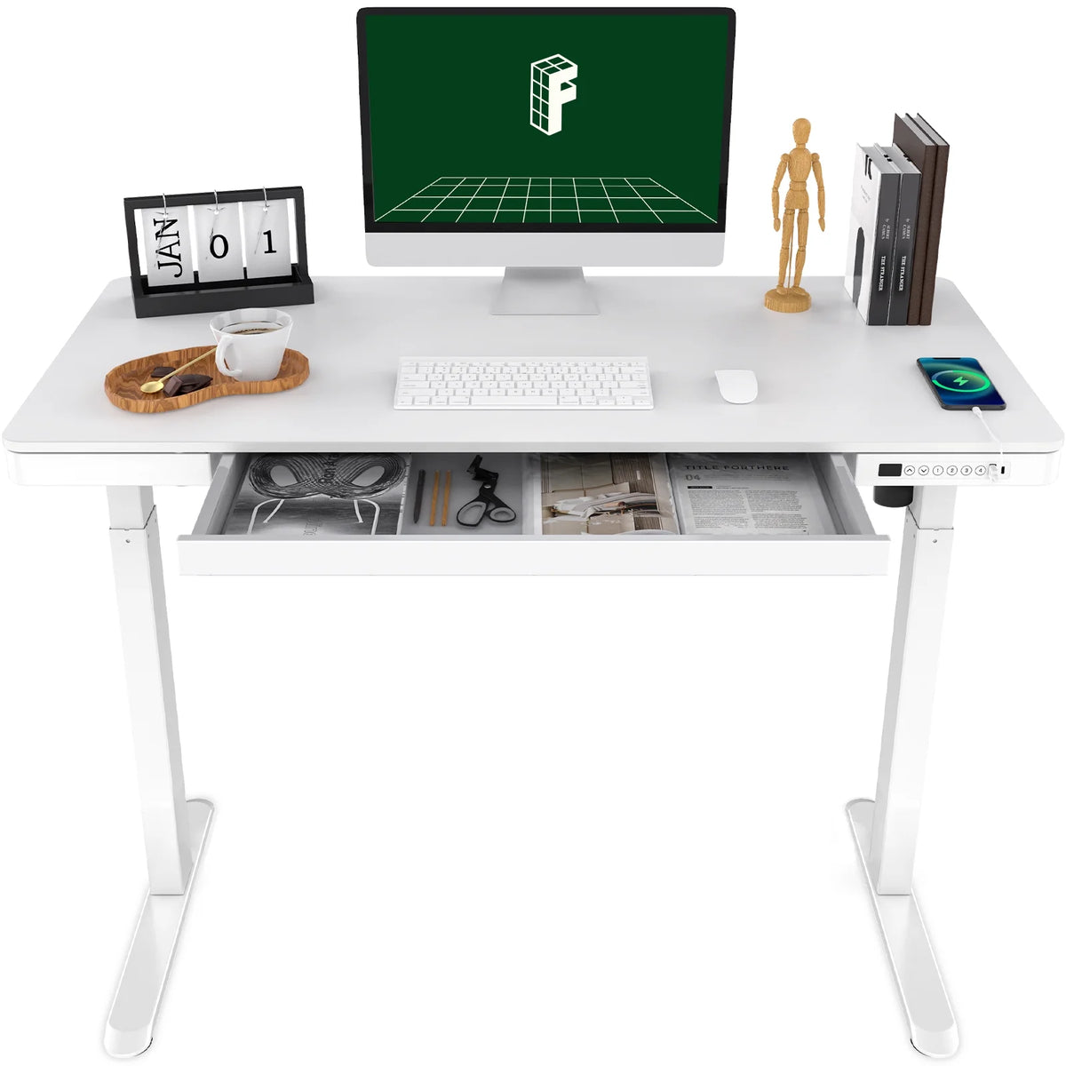 FLEXISPOT 48" W Home Office Height Adjustable Standing Desk White and Maple with USB Charge Ports and Embedded Drawer