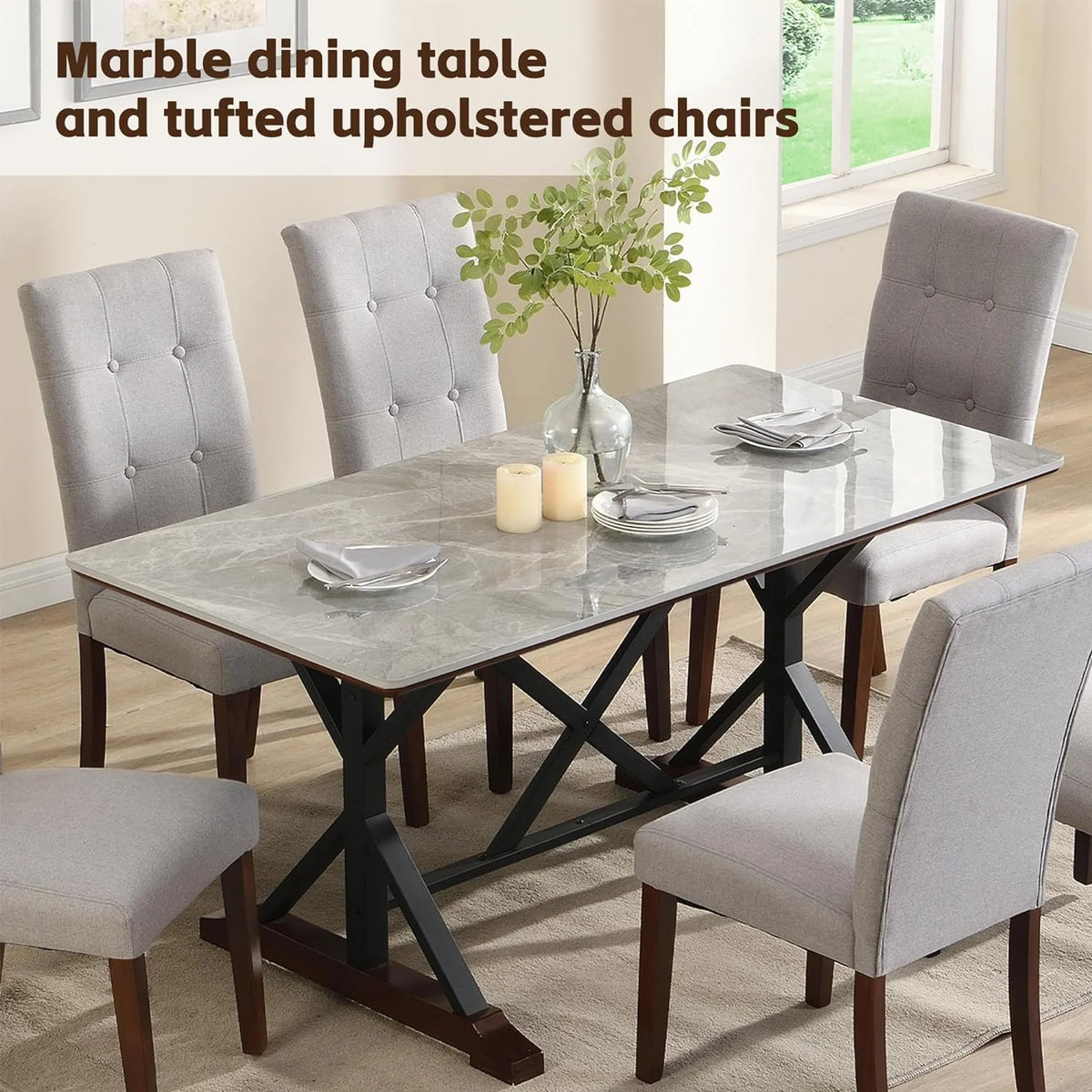 Sumdeal 5-Piece Farmhouse Dining Table Set, Wood Round Extendable Dining Table and 4 Upholstered Dining Chairs (Espresso-1Table 4 Chairs)