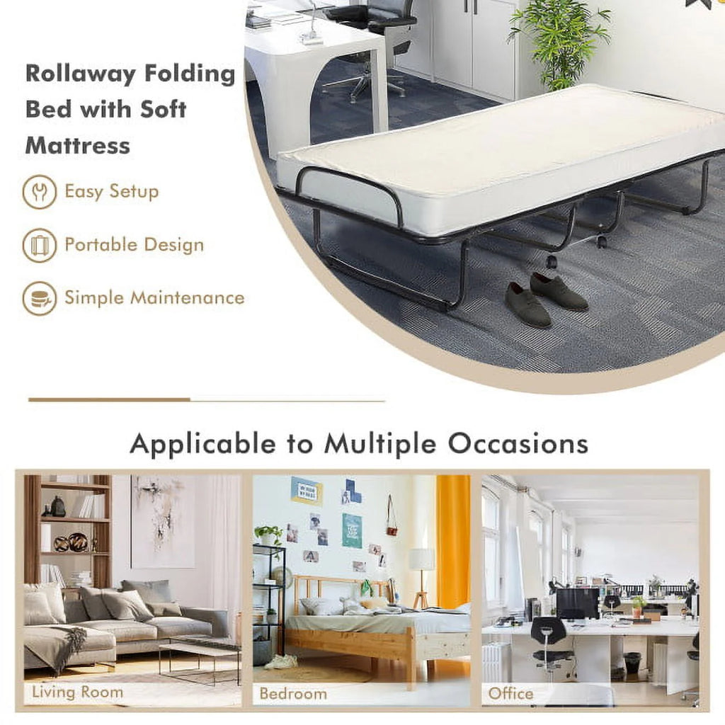 75" x 31" x 13" Folding Bed with Mattress, Rollaway Bed Metal Frame on Wheels, Portable Foldable Guest Bed for Adults, Cot Size Fold up Bed with Memory Foam Mattress