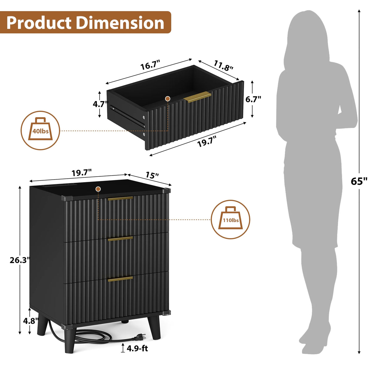 GIKPAL Night Stands for Bedroom, Modern Bedside Table with 3 Drawers & Charging Station,Fluted Panel End Tables for Bedroom  & Living Room, Natural