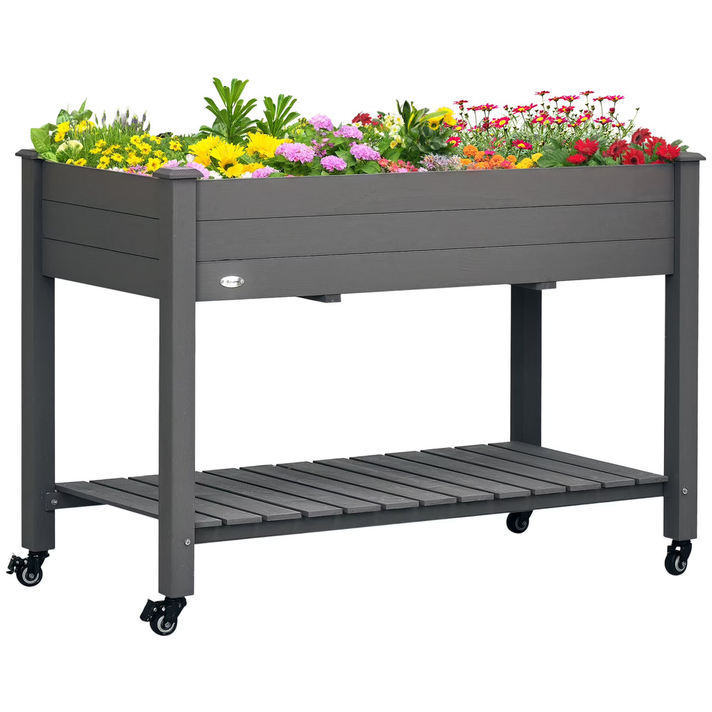Outsunny 47" x 21" Raised Garden Bed Elevated Wooden Planter Box w/ Lockable Wheels, Storage Shelf and Bed Liner for Backyard, Patio, Dark Gray