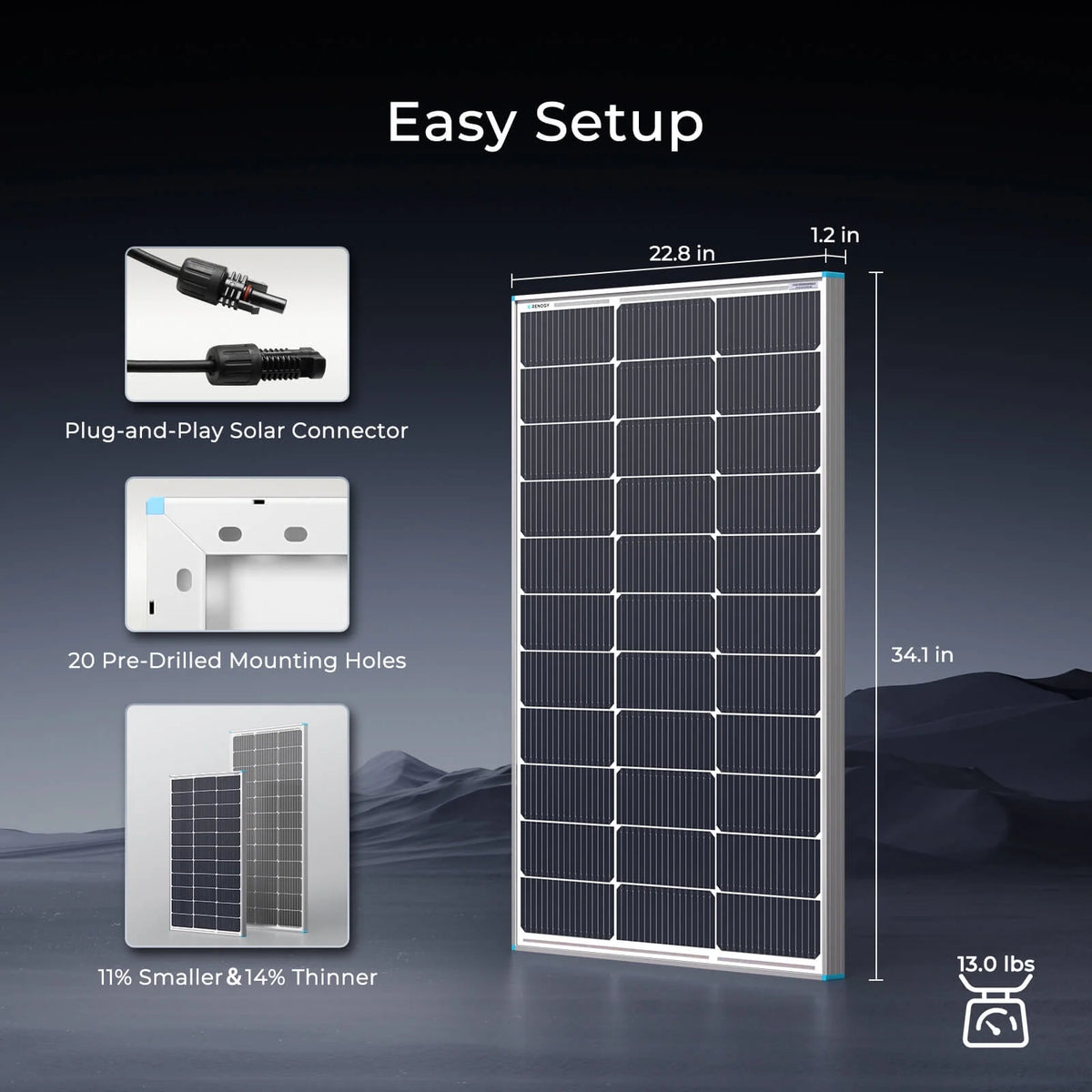 Renogy 100 Watt 12 Volt Solar Panel, High Efficiency Monocrystalline PV Module, Power Charger for RV Marine Rooftop Farm Battery, Single 100W