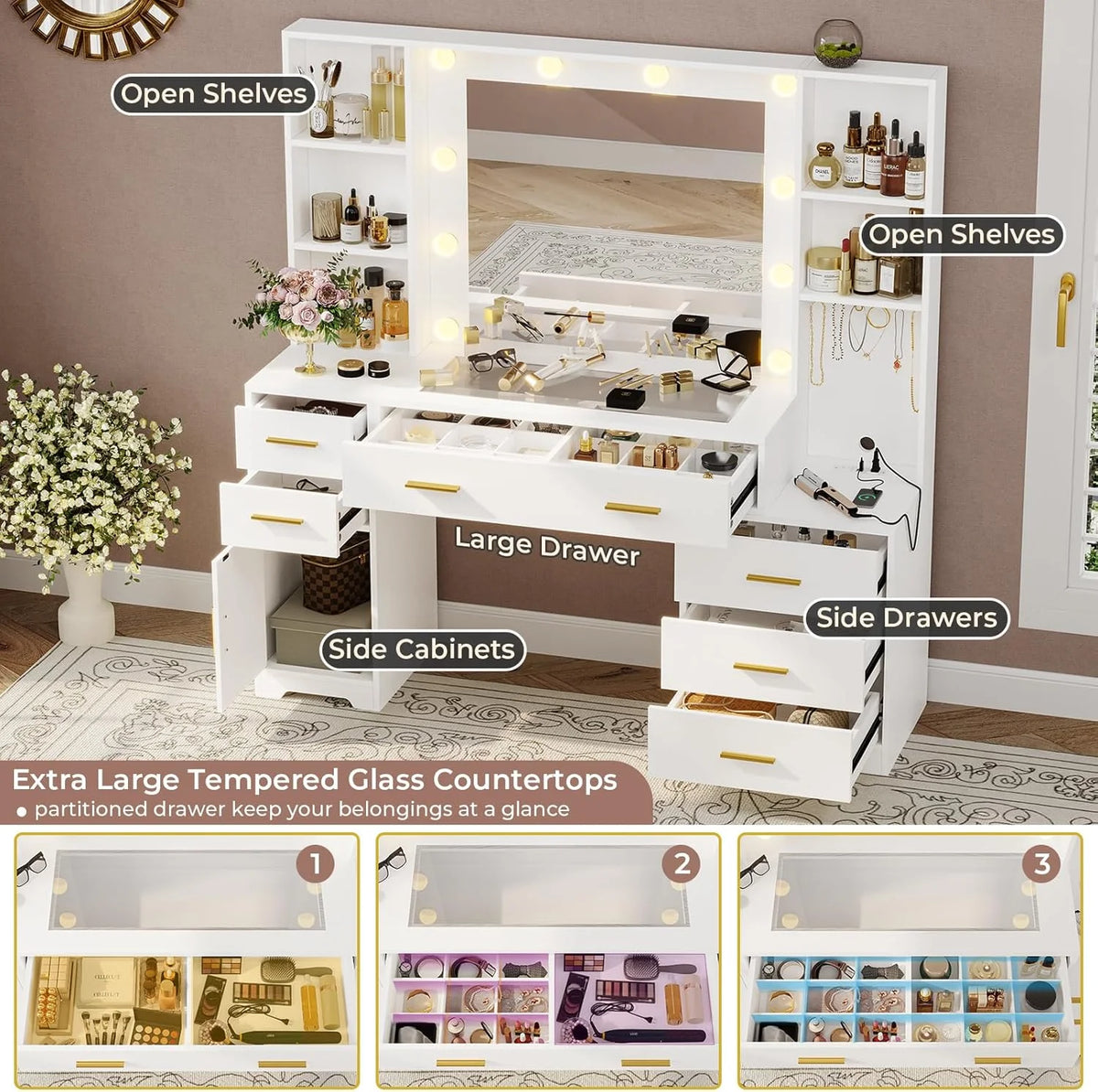 Makeup Vanity Desk with Lighted Mirror & Charging Stations & 6 Drawers Large Vanity Table Bedroom Dressing Table with Glass Tabletop&Side Cabinet&Glass Tabletop, Black