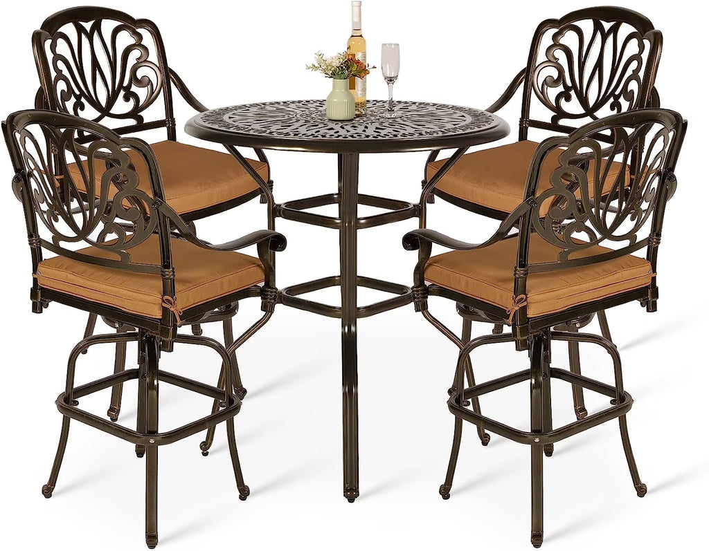 VIVIJASON 35.2" Patio Height Bar Table, All-Weather Cast Aluminum Bar Bistro Table Outdoor Patio Round Dining Table with Umbrella Hole for Balcony, Lawn, Garden, Backyard, Antique Bronze