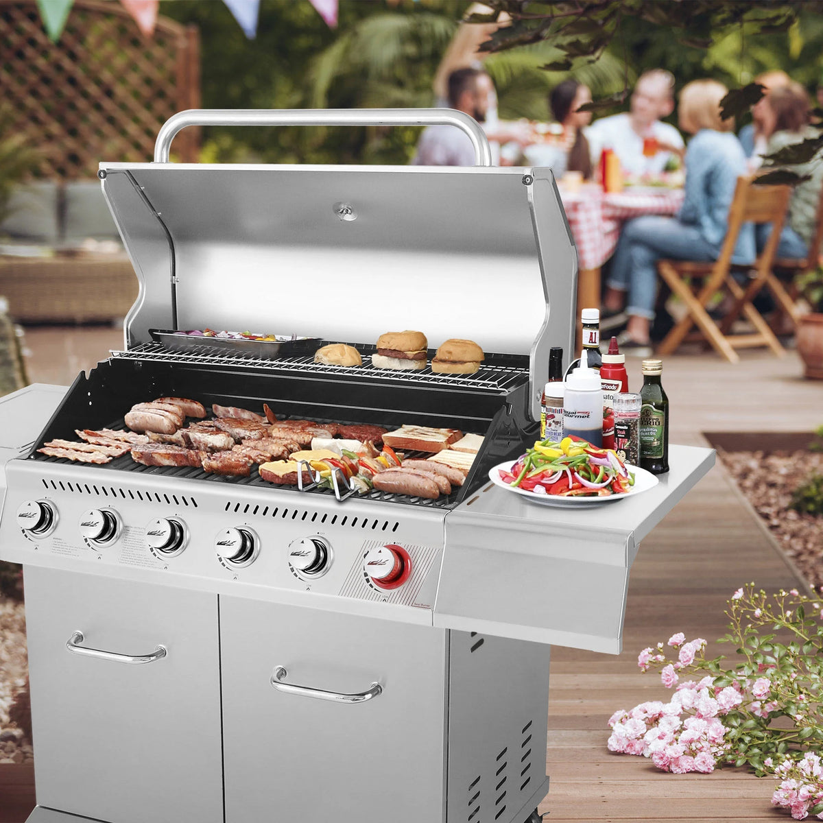 Gourmet GA6402S Stainless Steel Gas Grill, Premier 6-Burner BBQ Grill with Sear Burner and Side Burner, 74,000 BTU, Cabinet Style, Outdoor Party Grill, Silver