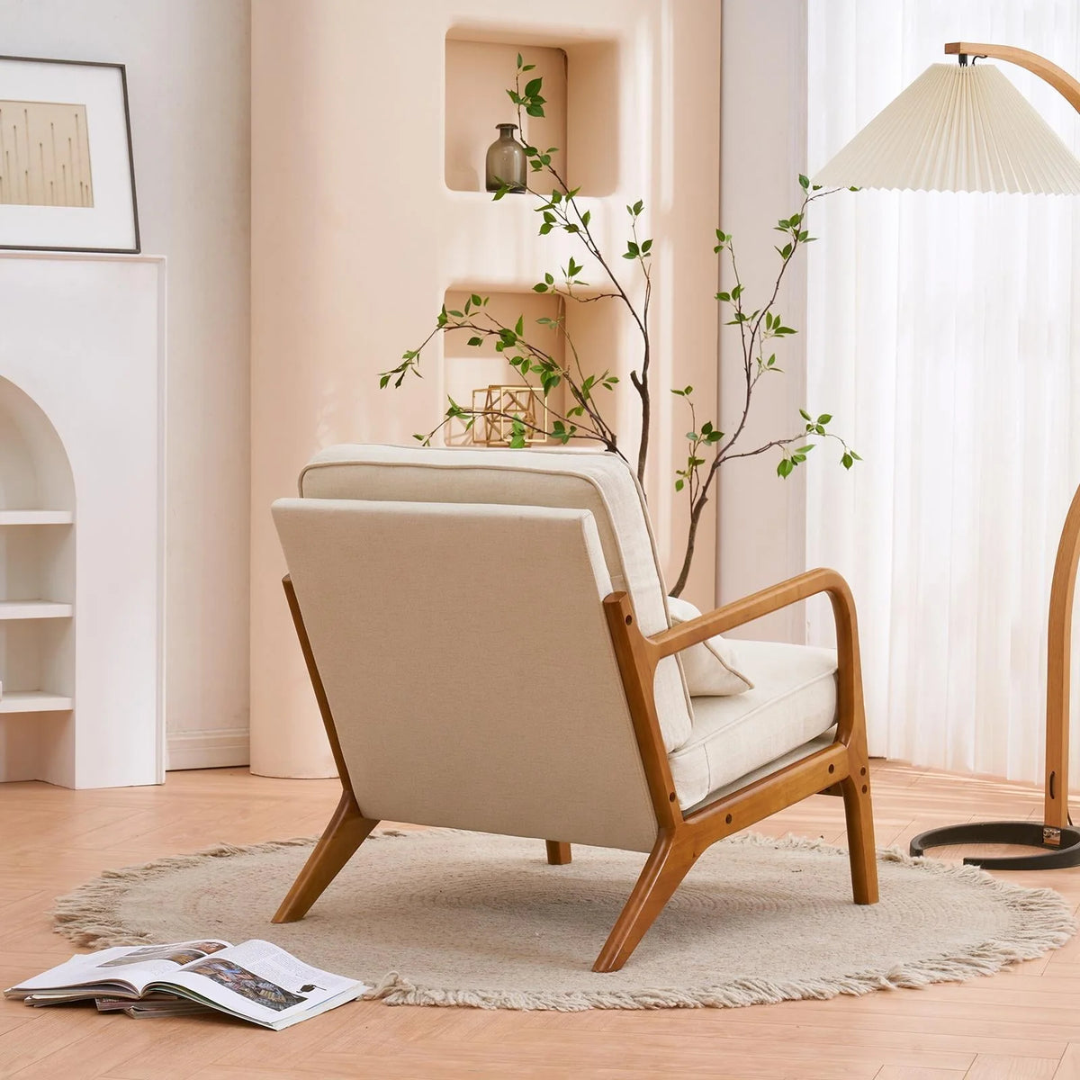 UBesGoo Modern Arm Chair Linen Fabric Upholstered Comfy Reading Accent Chair with Solid Wood Frame Beige