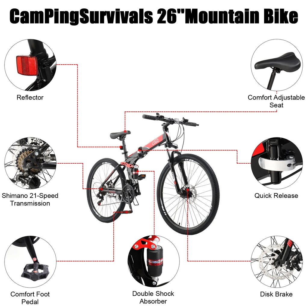 Ktaxon Folding 21 Shimano Speed 26" Wheel Riding Mountain Bike, Steel Frame Trail Road Bicycle, for Men and Women, Red