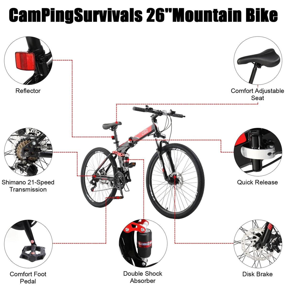 Ktaxon Folding 21 Shimano Speed 26" Wheel Riding Mountain Bike, Steel Frame Trail Road Bicycle, for Men and Women, Red