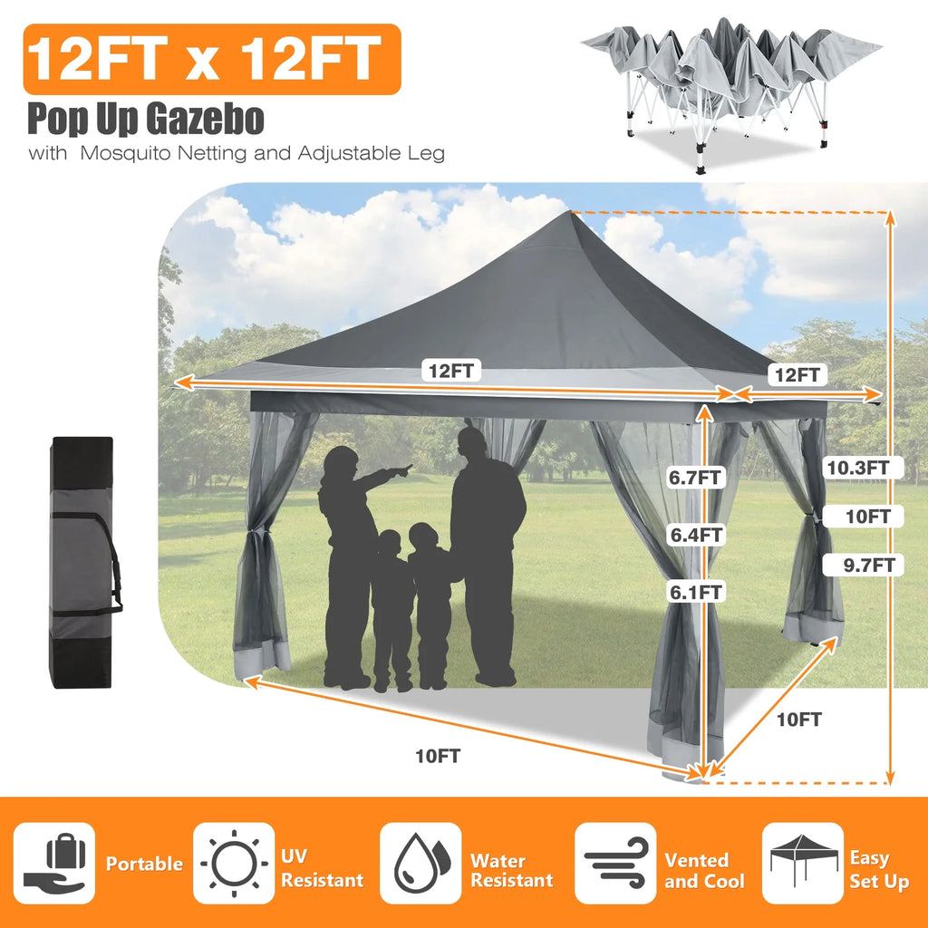 HOTEEL 12x12 EZ Pop Up Gazebo Tent with Sidewalls,Patio Gazebo Instant Shelter for Outdoor Party Camping Backyard Beach with Carry Bag,Stakes,Ropes,Gray