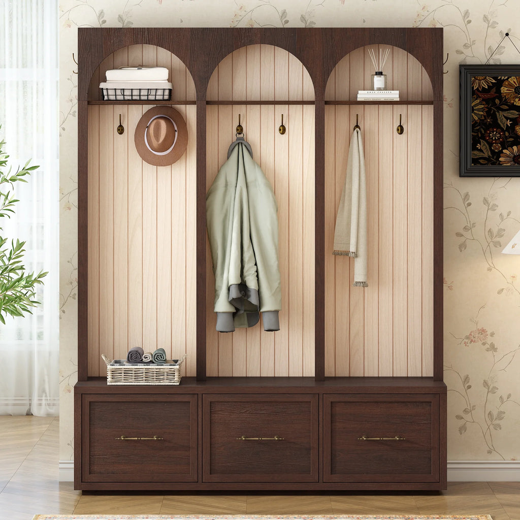 Euroco Farmhouse Wooden Style Hall Tree with Arched Design, Elegant 59" Wide Entryway Bench with 8 Retro Hooks, Rustic Coat Rack & Shoe Organizer with 3 Drawers for Mudroom, Living Room, Dark Walnut