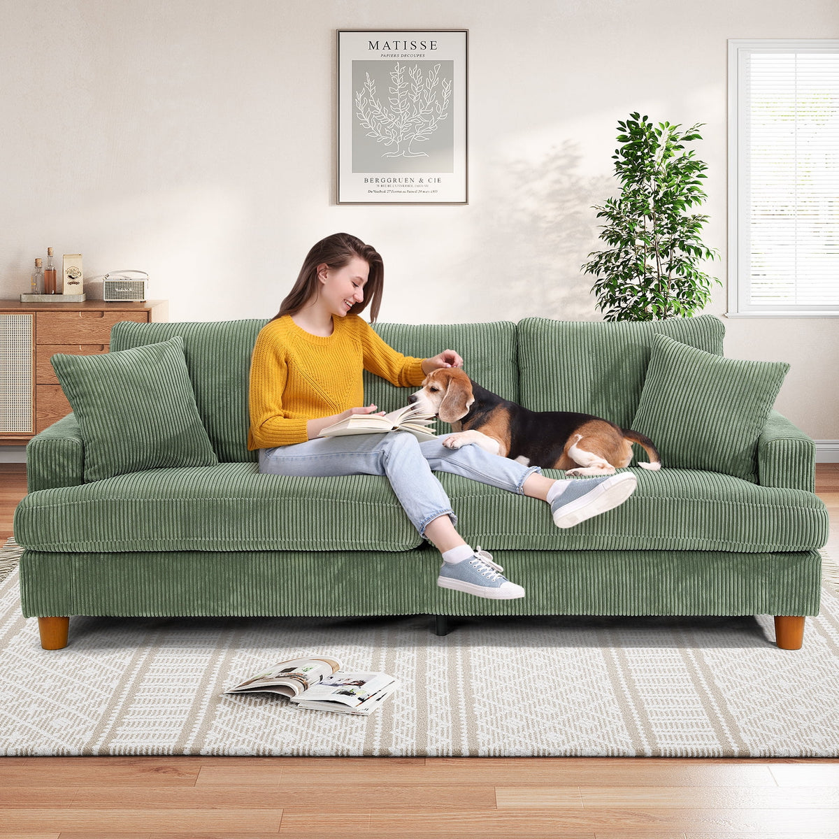 87" Corduroy Sofa,3 Seater Sofa with Extra Deep Seats,Neche Comfy Upholstered Couch for Living Room,2 Pillows,Green