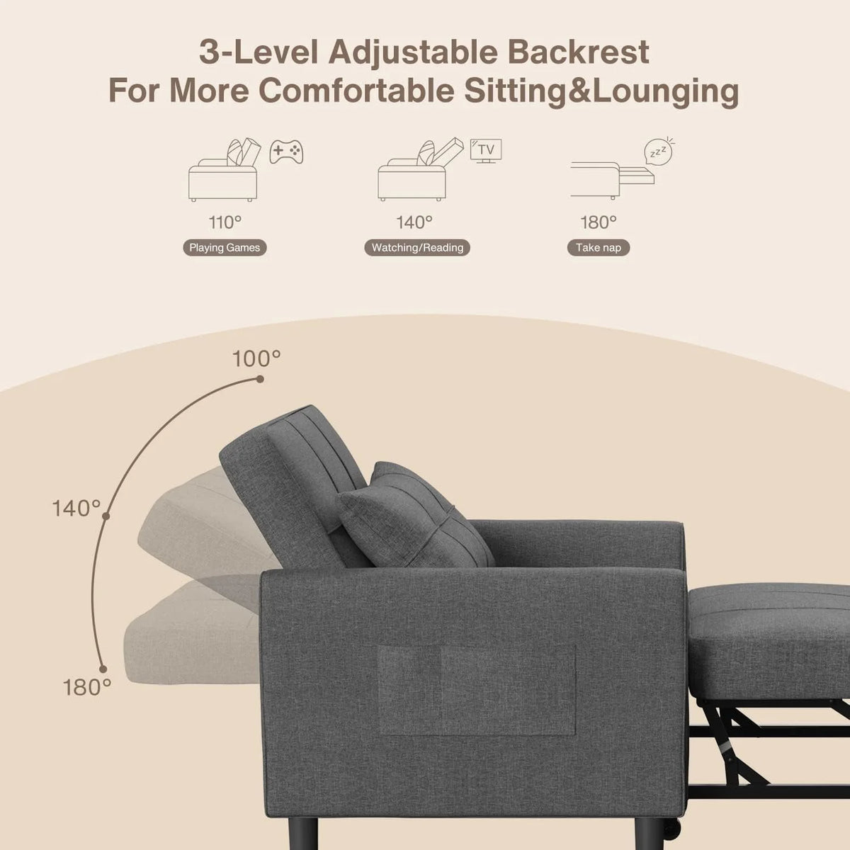 Lofka Chair Bed, Convertible Sofa Bed 3 in 1 Single Sleeper Bed for Bedroom & Living Room, Metal Frame, Dark Gray
