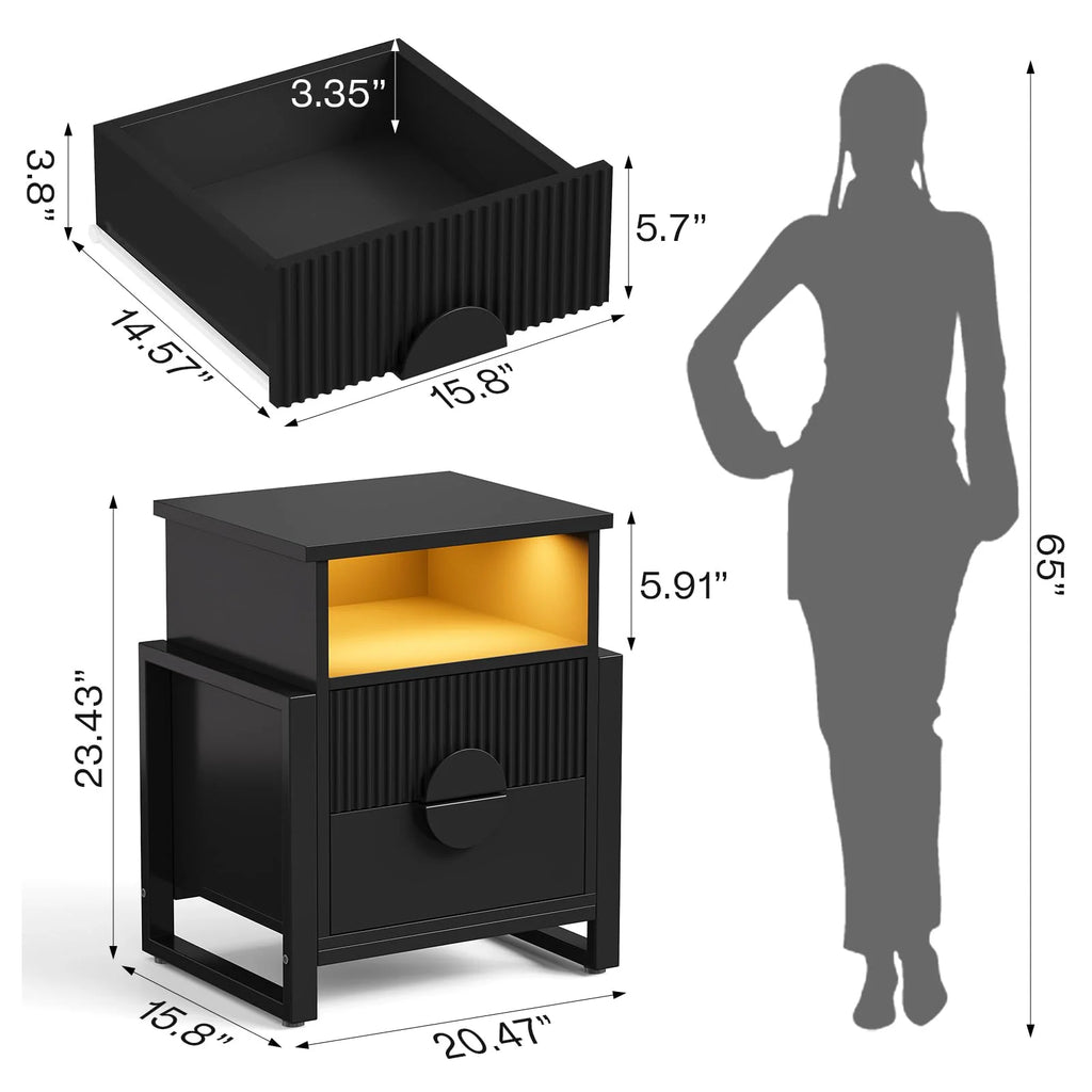 LGHM 3 Piece Bedroom Dresser and Nightstand Set, Fluted Wide Chest of Drawers, Bed Side Table End Table with LED Lights for Living Room, Black
