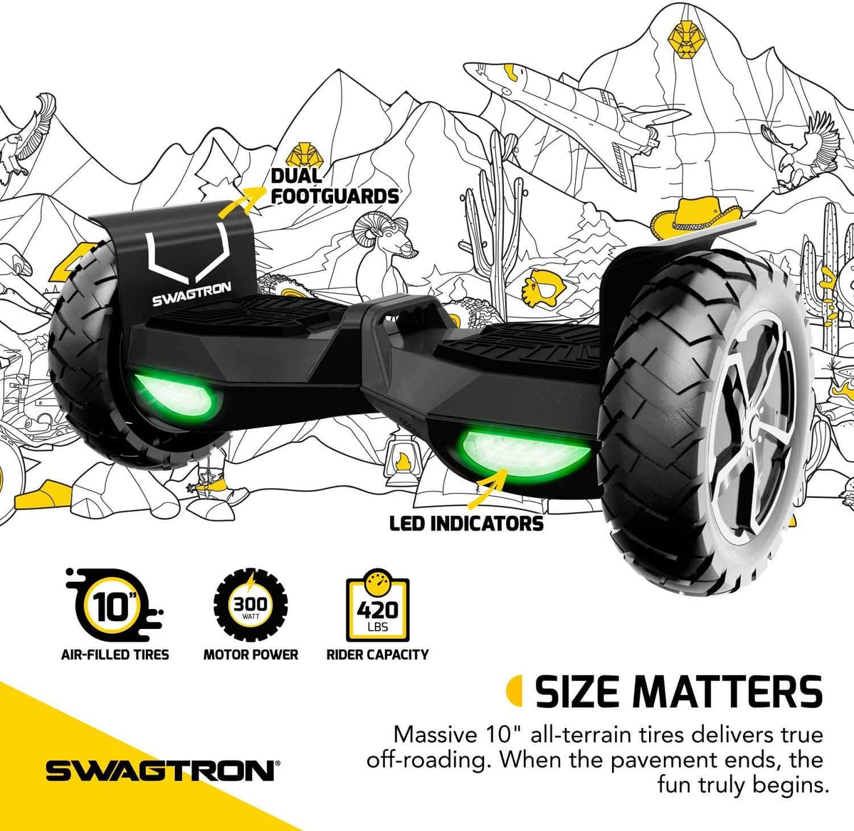 SWAGTRON Swagboard Outlaw Off-Road T6 - Handles Over 420 LBS. Up to 12 MPH. 10″ Rugged Tires