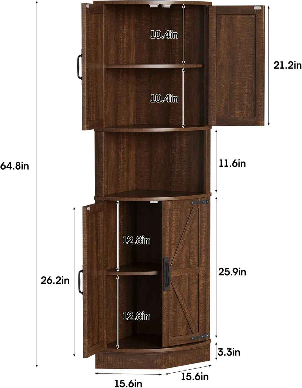 Vabches Farmhouse 64.8'' Tall Corner Cabinet with 4 Doors and 5 Storage Shelves for Kitchen, Living Room, White