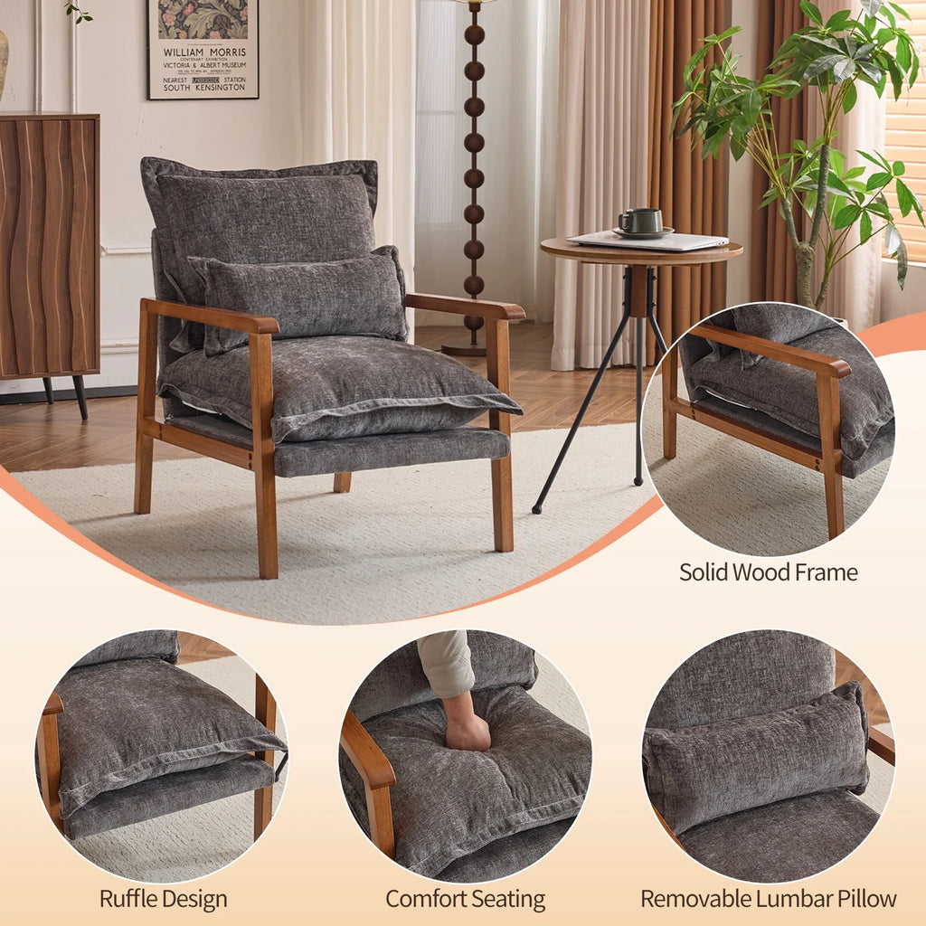 Ktaxon Chenille Accent Chair, Solid Wood Armrests Armchair, Metal Frame for Stability, Single Sofa with Comfortable Cushions and Lumbar Pillow Beige