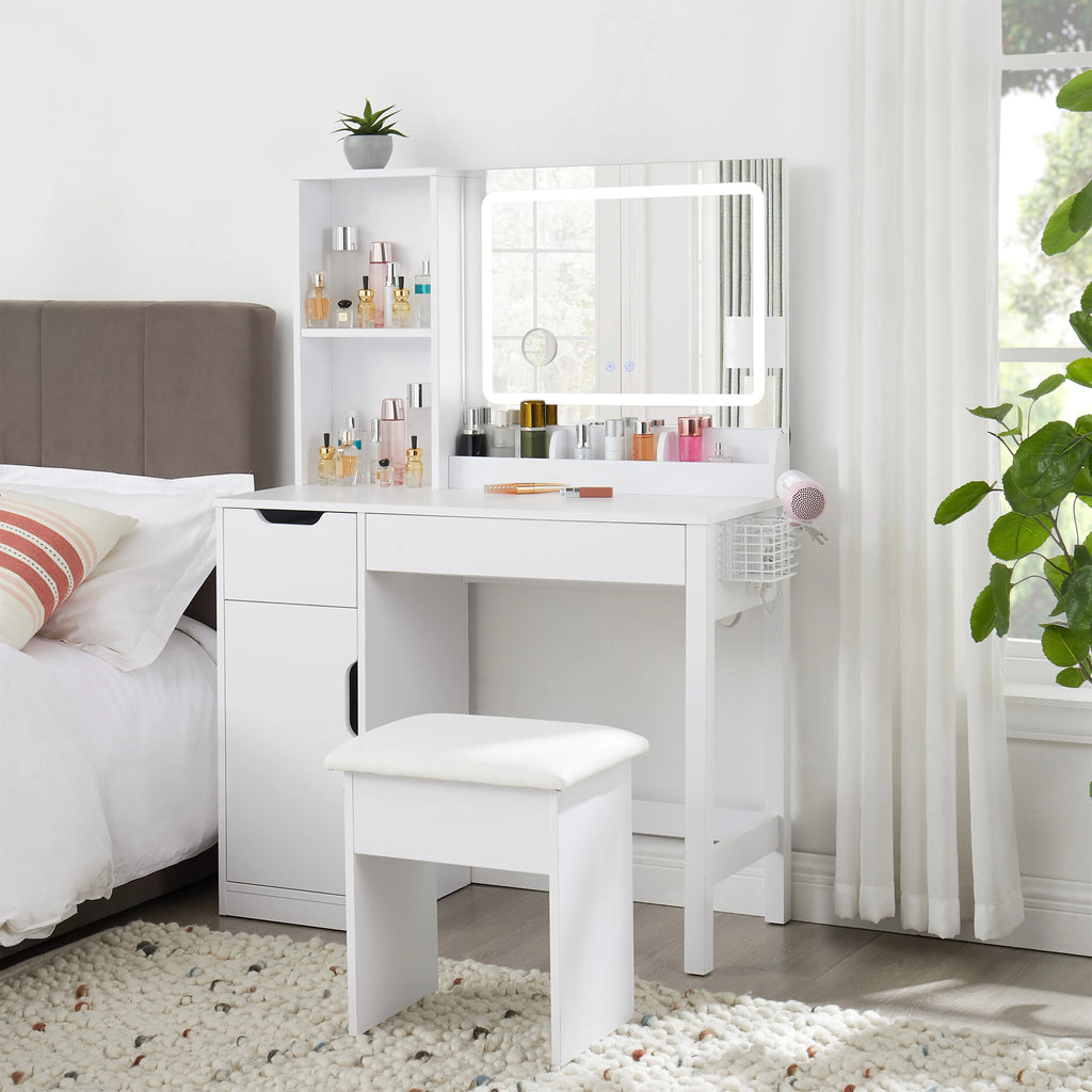Mainstays Get Ready with Me GRWM Deluxe 2-Piece Vanity and Stool with Lighted Mirror and USB Power, White Finish