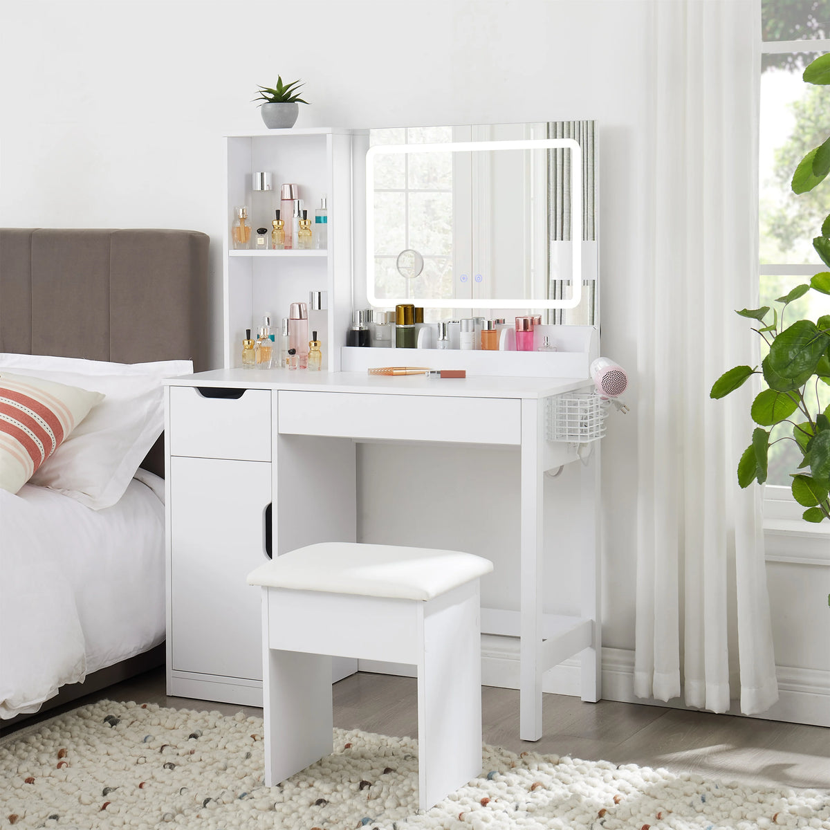 Mainstays Get Ready with Me GRWM Deluxe 2-Piece Vanity and Stool with Lighted Mirror and USB Power, White Finish