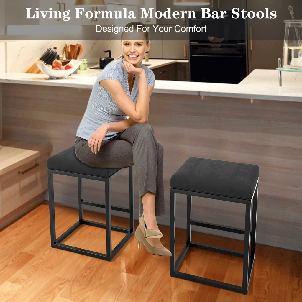 Nathaniel Home 24 Inch Bar Stools Set of 2, Modern PU Leather Metal Barstool, Backless Kitchen Dining Cafe Stool, Upholstered Bar Stool with Footrest, Gray