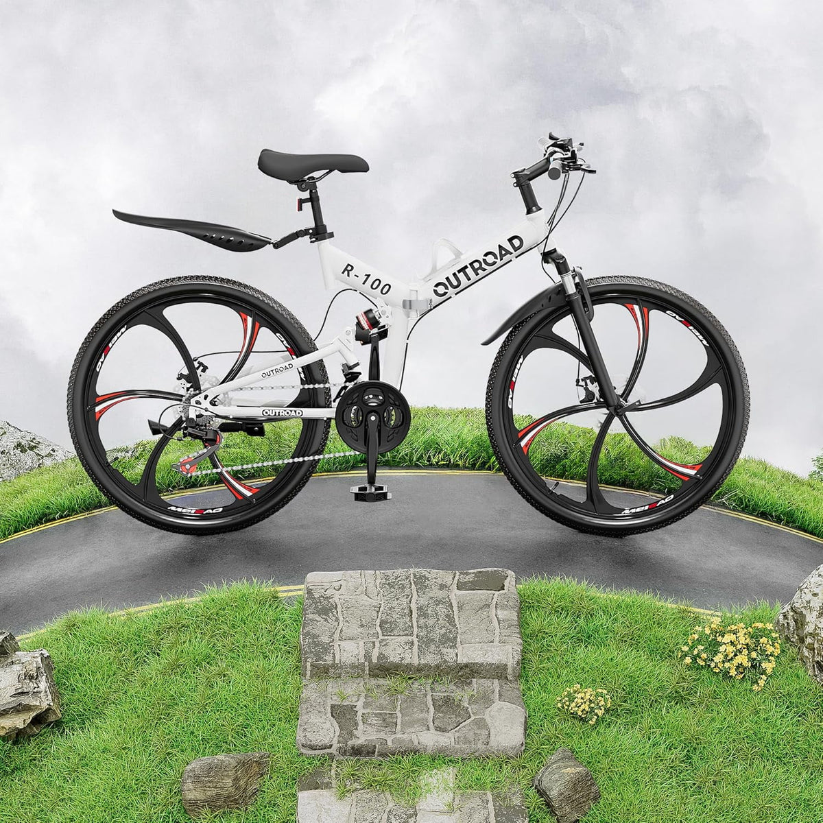 SUNCROWN 26 Inch Folding Mountain Bike, 21 Speed Full Suspension High-Carbon Steel MTB Foldable Bicycle, Dual Disc Brake Non-Slip Folding Bikes for Adults/Men/Women, Black